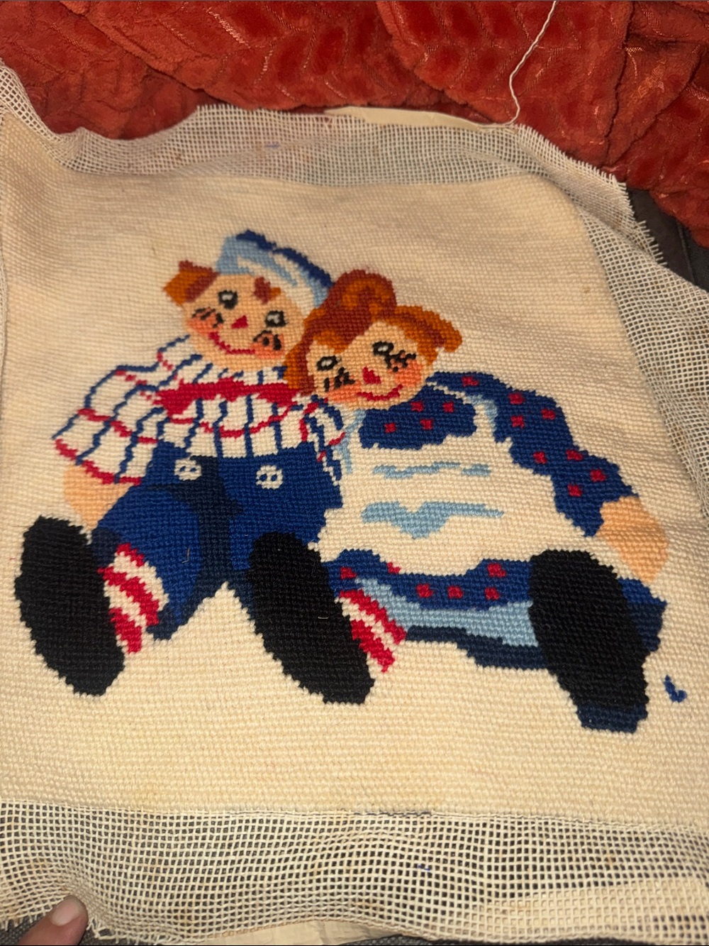 Vintage Raggedy Ann & Andy Needlepoint Tapestry Canvas HandcraftedFolk Art Panel